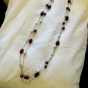 Pearl and bead necklace on silver chain